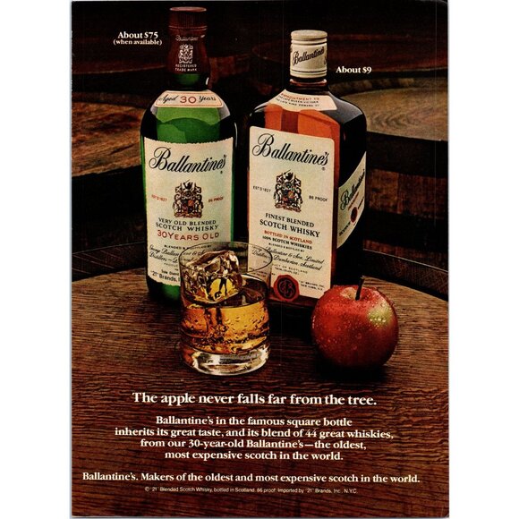 1981 Ballantine's Scotch Whisky Vintage Print Ad Rocks Glass Apple Wall Art - Picture 1 of 2